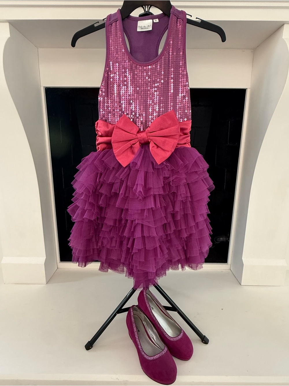Ooh! La, La! Couture Purple Sequin Tulle Dress with Pink Bow, bonus shoes